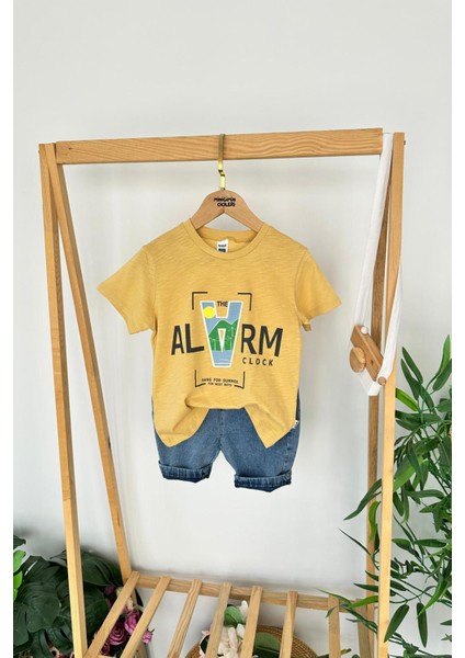 Alarma Baskılı Penye Kot Şortlu Erkek çocuk Takım - Sarı fiyatları