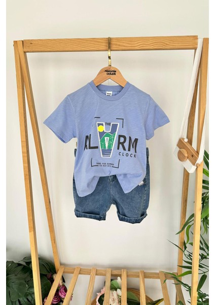 Alarma Baskılı Penye Kot Şortlu Erkek çocuk Takım - Mavi