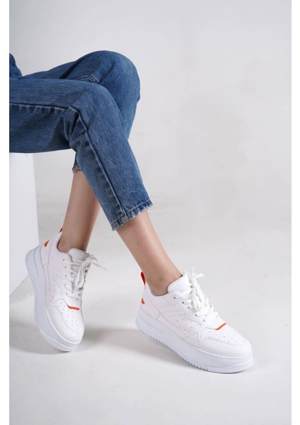 Alessı Bağcıklı Ortopedik Taban Kadın Sneaker Spor Ayakkabı Cbt - Beyaz/turuncu