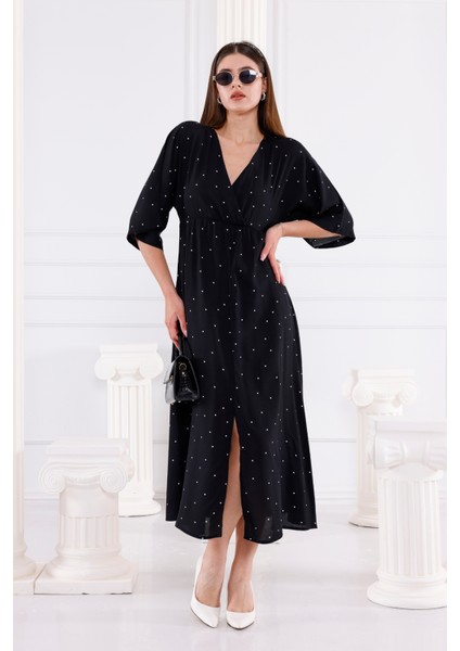 Kruvaze - Yarasa Kol Puantiyeli Elbise