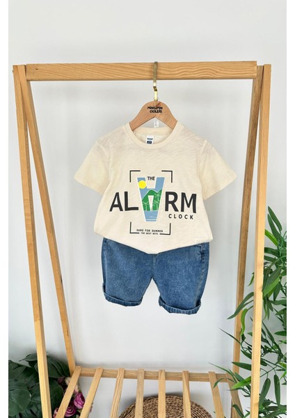 Alarma Baskılı Penye Kot Şortlu Erkek çocuk Takım - Krem