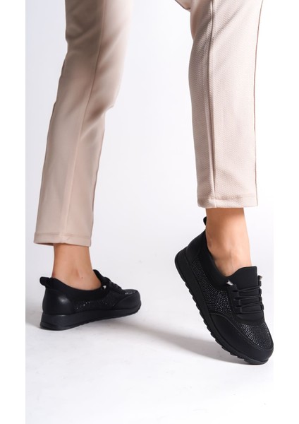 Vıolet Bağcıklı Lastikli Ortopedik Rahat Taban Taş Detaylı Klasik Kadın Babet Anne Ayakkabısı Cst - Siyah modelleri
