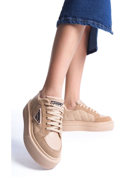 Prag Bağcıklı Ortopedik Taban Desenli Kadın Sneaker Spor Ayakkabı Ctt - Ten