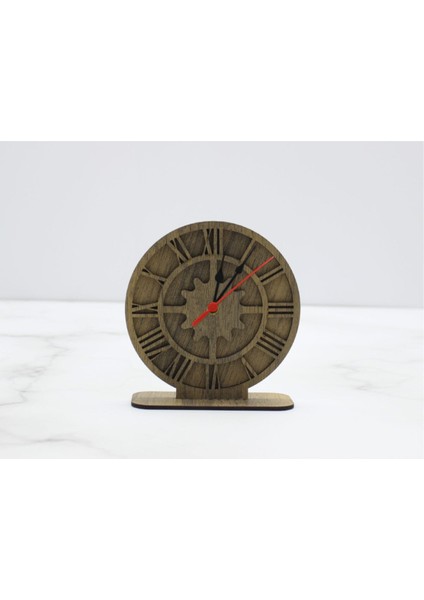 Gri Ahşap Roma Rakamlı Çarklı Masa Saati, Şık ve Doğal Tasarım.