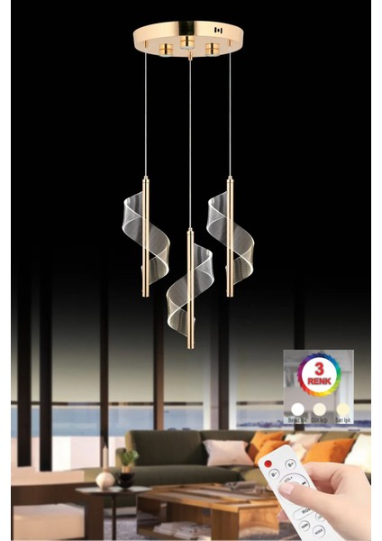 Istanbul Avize Mira 3'lü Gold 3 Renk Kumandalı Ledli Lüx Avize