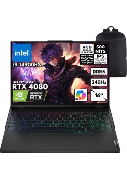 Legion Pro 7 I9-14900HX 48-Gbddr5 1 Tbssd RTX4080 (12GB-175W-GDDR6) 16" 240Hz Wqxga Freedos Taşınabilir Bilgisayar + Hmf Sırt Çantası 83DE0086TRHMF3