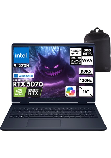 Alienware 16 Aurora Intel 9-270H 40-Gbddr5 2 Tbssd RTX5070 (8GB-115W-GDDR7) 16" 2k Wqxga 120Hz Windows 11 Home Taşınabilir Bilgisayar + Hmf Sırt Çantası AC16250-C932157WHMF8