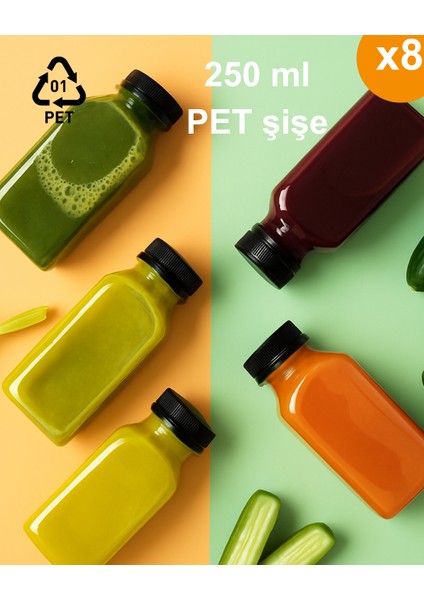 8 Adet 250 ml Köşeli Detox, Meyve Suyu, Sporcu, Diyet Beslenme- Boş Pet Şişe(Siyah Kilitli Kapaklı)
