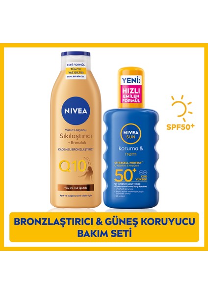 SUN Yüksek Güneş Koruyucu Vücut Spreyi SPF50 200ml, Q10 Bronzluk Vücut Losyonu 250ml