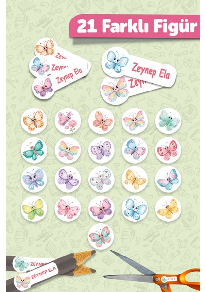 Okul Etiketi Kalem Defter Isimli Etiket Isim Yazılabilen Kelebekli - 190 Adet Özel Tasarım fiyatları
