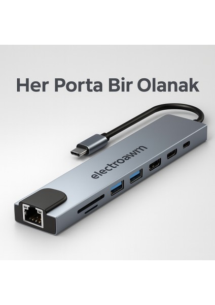 Macbook Pro Air Uyumlu USB Type-C 8 Hub Dönüştürücü Çevirici Çoklayıcı