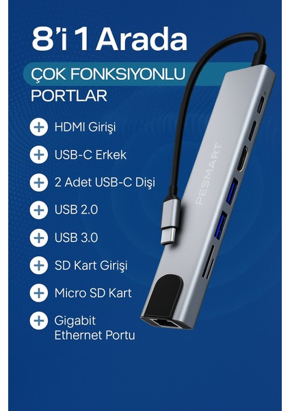 Macbook Pro Air Uyumlu USB Type-C 8 Hub Dönüştürücü Çevirici Çoklayıcı fiyatları