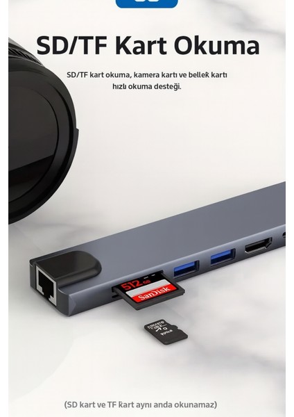 Macbook Pro Air Uyumlu USB Type-C 8 Hub Dönüştürücü Çevirici Çoklayıcı