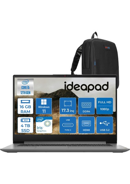 Ideapad 3 17IAU7 Intel Core I5-1235U 16GB 4tb SSD Windows 11 Home Intel Iris Xe Graphics IPS 17.3 Inç Fullhd 300NITS Taşınabilir Bilgisayar 82RL00CLTXH15 + Zetta Çanta