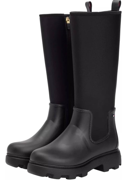 Kadın Warm Lined Fermuarlı Uzun Yağmur Çizmesi - Siyah
