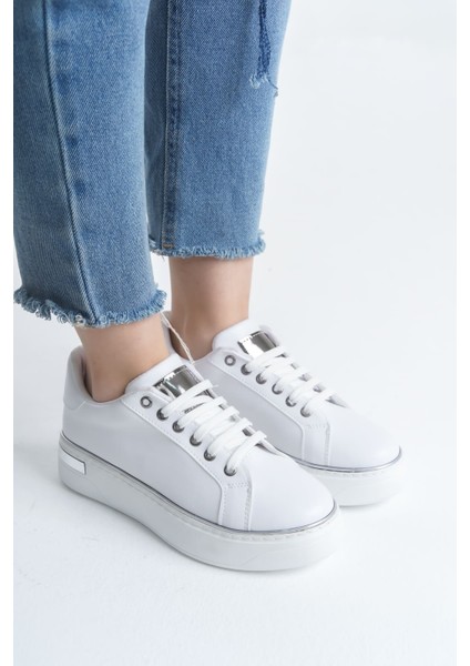 Mına Bağcıklı Ortopedik Taban Kadın Sneaker Spor Ayakkabı Cbt - Beyaz/gümüş