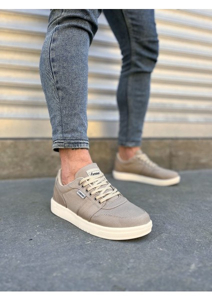 JY0118 Rex Bağcıklı Keten Kumaş Erkek Günlük Sneaker Ayakkabı Kkt - Bej