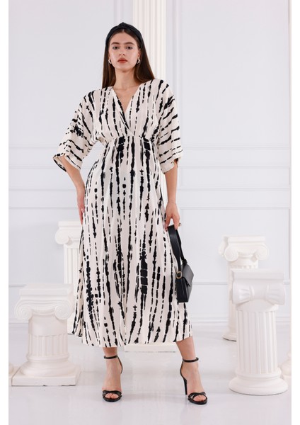 Kruvaze - Yarasa Kol Elbise Ekru