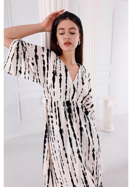 Kruvaze - Yarasa Kol Elbise Ekru fırsatları