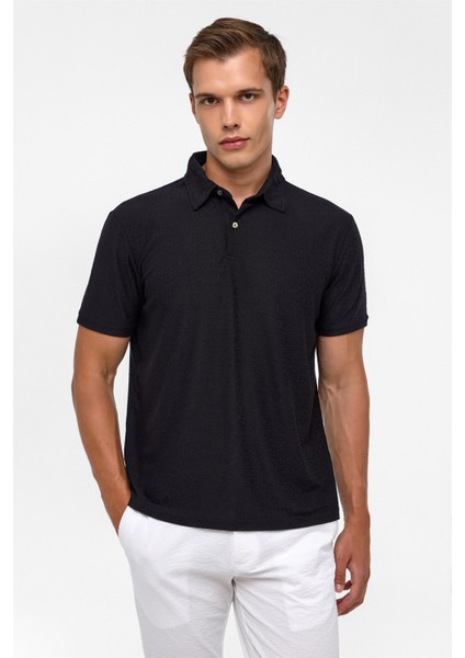 Siyah Regular Düz Polo Yaka Tişört
