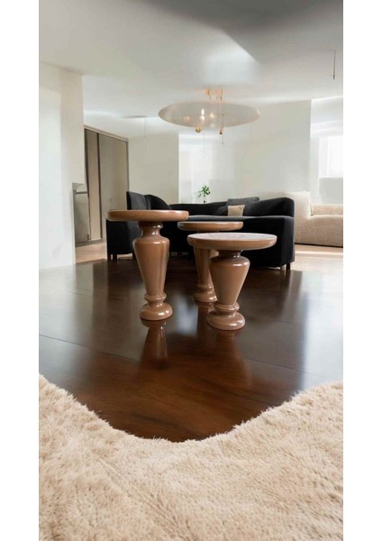 Kahverengi Ahşap Yan Sehpa Takımı – Mantar Model 3’lü Sehpa Seti