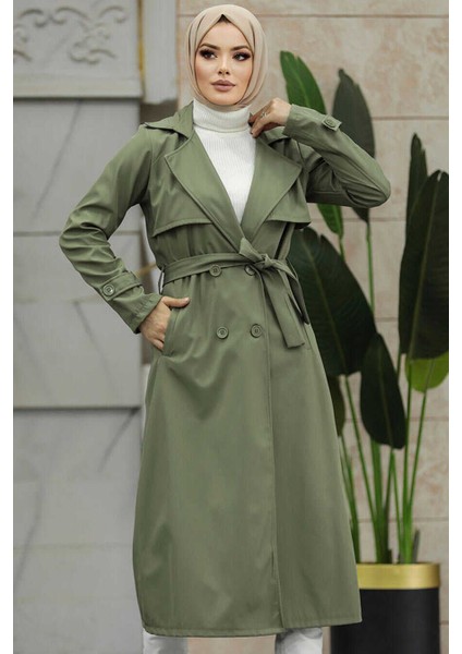 Düğmeli Haki Tesettür Trençkot 6103HK