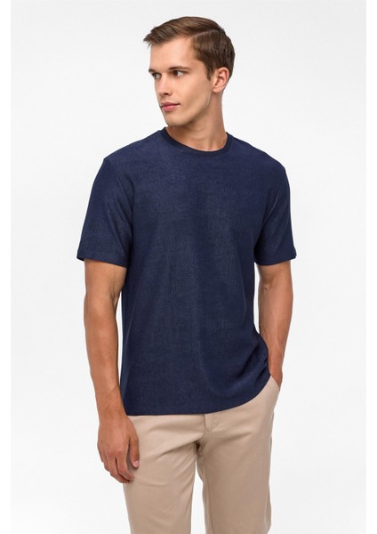 Lacivert Regular Desenli Bisiklet Yaka Tişört