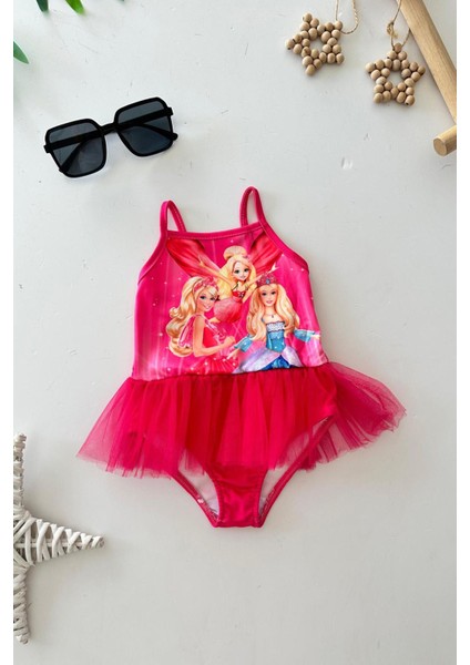 Tüllü Brb Baskılı Kız Çocuk Mayo bikini - Fuşya