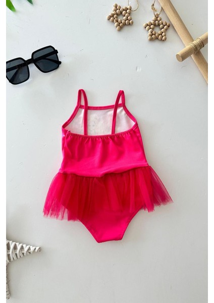 Tüllü Brb Baskılı Kız Çocuk Mayo bikini - Fuşya modelleri