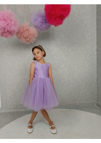 Kız Çocuk Abiye Elbise Ada, Lila Yaka Incili,tütü Elbise