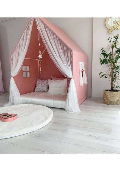 Montessori Perdeli Pembe Kız Çocuk Oyun Çadırı %100 Pamuk Anti-Alerjik Minderli 98x140x165 cm
