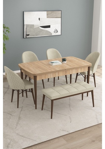Calvin Meşe Desen 80X132 Açılabilir Mdf Masa Yemek Odası Takımı, Mutfak Takımı 4 Sandalye, 1 Bench
