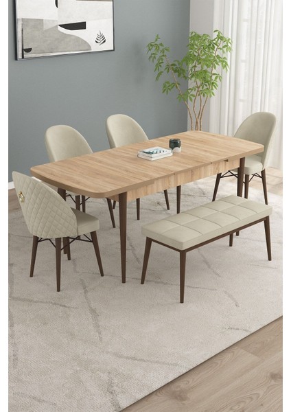 Calvin Meşe Desen 80X132 Açılabilir Mdf Masa Yemek Odası Takımı, Mutfak Takımı 4 Sandalye, 1 Bench fiyatları