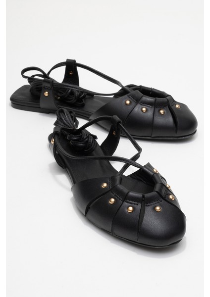 Darıa Siyah Hakiki Deri Troklu Bilekten Bağcıklı Kadın Sandalet