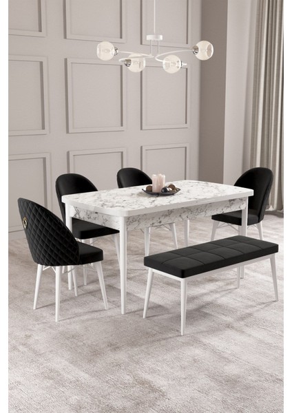 Calvin Beyaz Mermer 80X132 Açılabilir Mdf Masa Yemek Odası Takımı, Mutfak Takımı 4 Adet Sandalye, 1 Bench​​​​​​​
