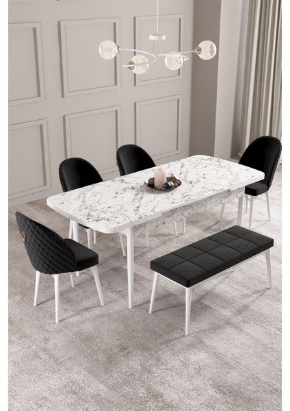 Calvin Beyaz Mermer 80X132 Açılabilir Mdf Masa Yemek Odası Takımı, Mutfak Takımı 4 Adet Sandalye, 1 Bench​​​​​​​ fiyatları