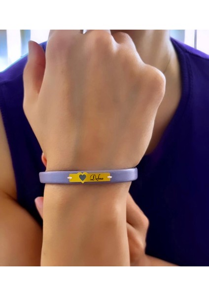 Altın Plakalı 14 Ayar Defne Ismine Özel Kalp Motifli Doğal Mor Derili Hediye BILEKLIK-570ISIM