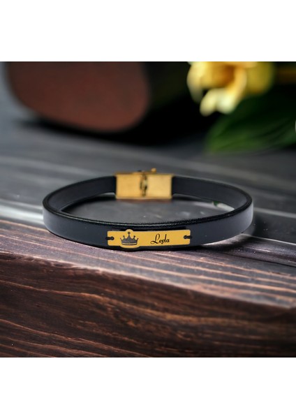 14 Ayar Altın Plakalı Leyla Ismine Özel Taç Figürlü Doğal Siyah Derili Hediye BILEKLIK-569ISIM
