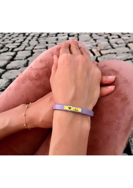 Altın Plakalı 14 Ayar Seda Ismine Özel Kalp Motifli Doğal Mor Derili Hediye BILEKLIK-570ISIM