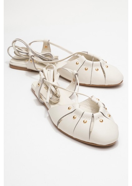 Darıa Ekru Hakiki Deri Troklu Bilekten Bağcıklı Kadın Sandalet