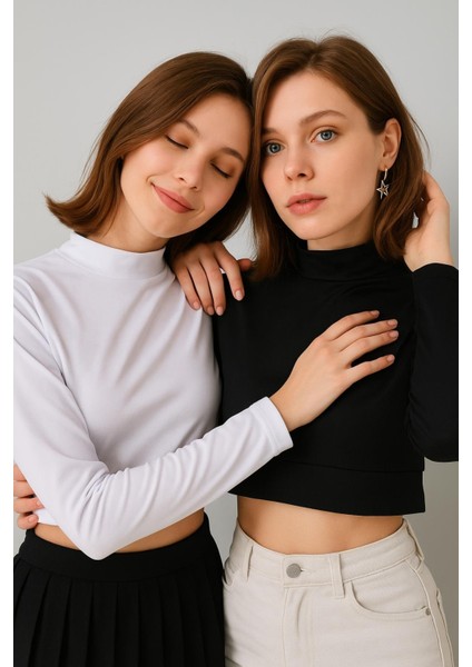 Mırach Kadın Uzun Kollu Crop Boyunluk Set Siyah Beyaz – Çok Yönlü ve Modern