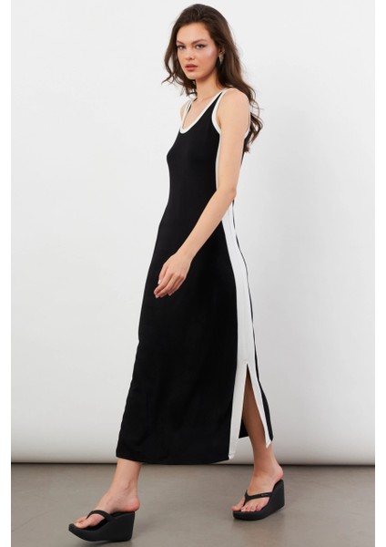 Kadın Siyah Color Block Yırtmaçlı Midi Elbise UG105