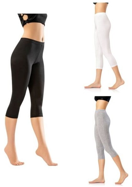 Kota 3'lü Siyah Beyaz ve Gri Renkler Penye Kadın Kapri (Diz Altı) Tayt