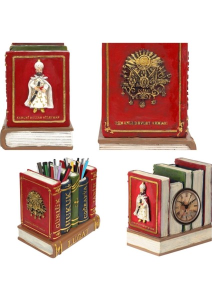 Kırmızı Osmanlı Temalı Kalemlik ve Masa Saati, Şık ve Zarif Tasarım