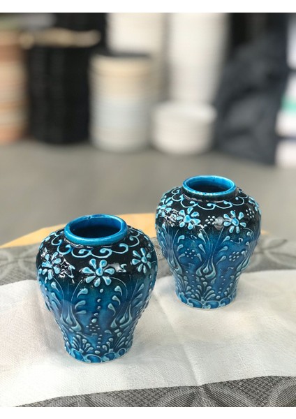 2’li Mavi Seramik Mini Saksı Seti – 10 cm Yükseklik – Dekoratif Çiçek ve Sukulent Saksısı