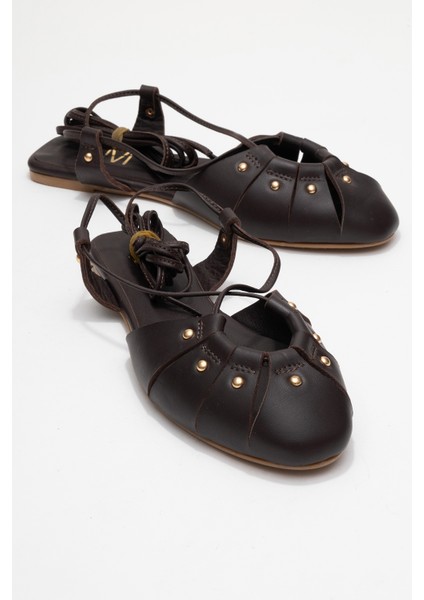 Darıa Kahverengi Hakiki Deri Troklu Bilekten Bağcıklı Kadın Sandalet