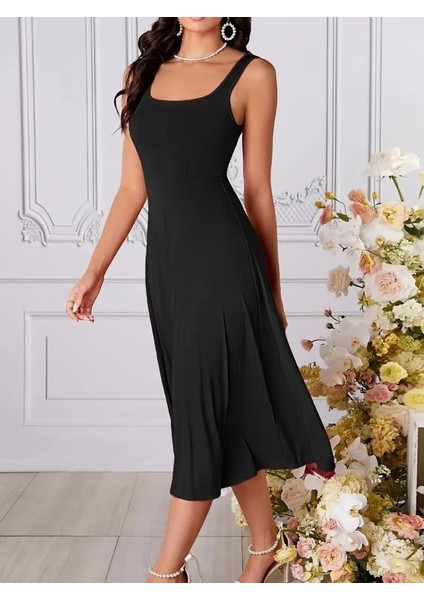 Kadın Askılı Geometrik Yakalı Geniş Kesim Detaylı Ithal Krep Elbise 2xl-3xl-Siyah fiyatları