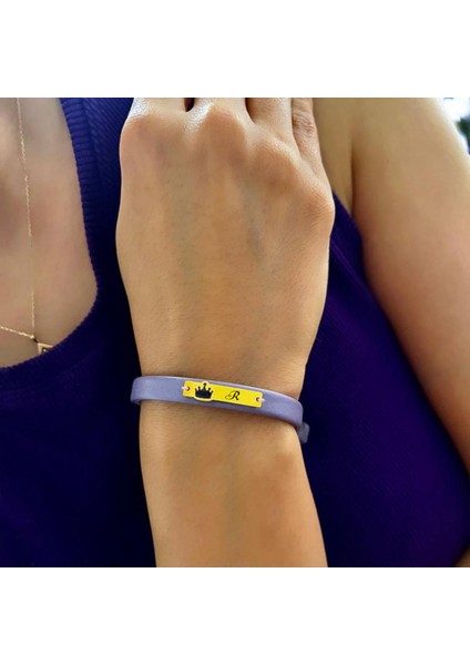 14 Ayar Plakalı Altın R Harfine Özel Taç Motifli Hakiki Mor Derili Hediye BILEKLIK-571HARF