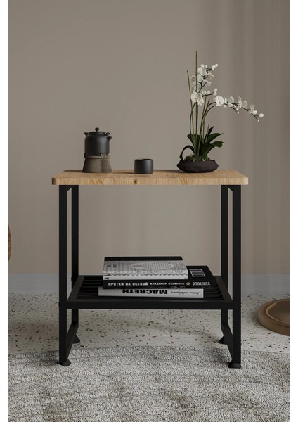 Legno Sehpa Metal Ahşap Komodin Siyah