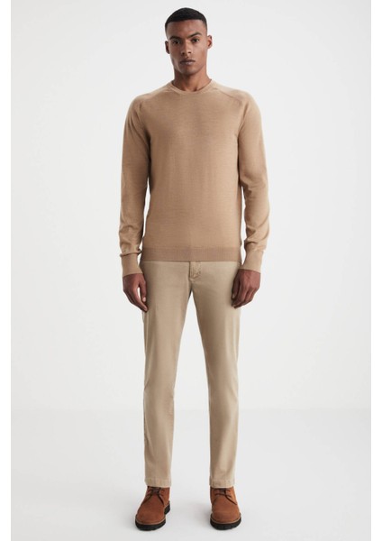 Slim Fit Bisiklet Yaka Camel Merino Yün Triko fiyatları